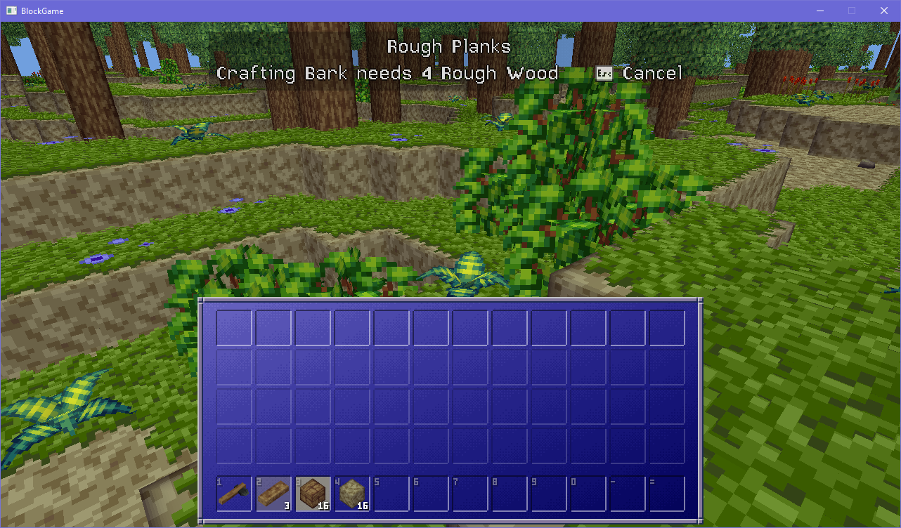 Voxel game GUI showing rough wood being used and rough planks selected. The hint text says "Crafting Bark needs 4 Rough Wood" and the player's inventory only has 3 Voxel game GUI showing rough wood being used and rough planks selected. The hint text says "Crafting Bark needs 4 Rough Wood" and the player's inventory only has 3