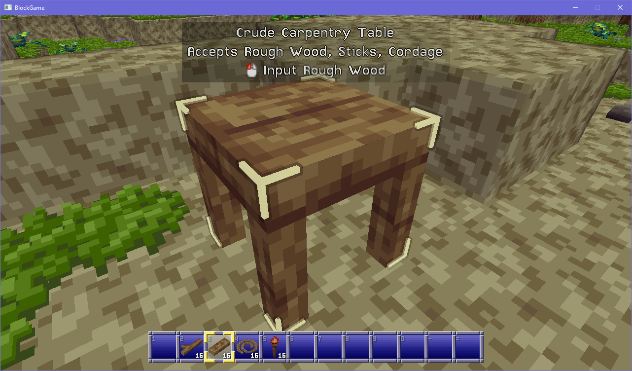 A voxel engine scene with a crude carpentry table highlighted. The hint text says: Crude Carpentry Table. Accepts Rough Wood, Sticks, Cordage. Left click to Input Rough Wood. A voxel engine scene with a crude carpentry table highlighted. The hint text says: Crude Carpentry Table. Accepts Rough Wood, Sticks, Cordage. Left click to Input Rough Wood.