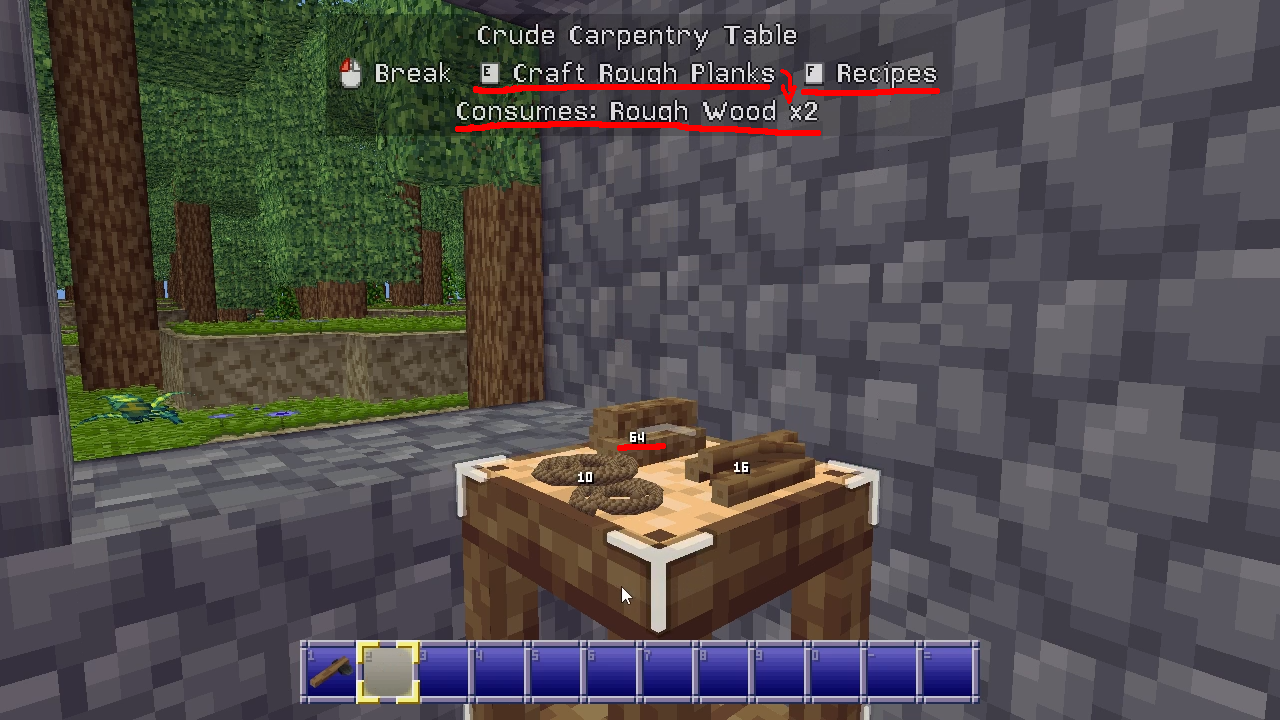 crude carpentry table screenshot. there are some things underlined in red. the E to craft rough planks, F to show recipes, and consumes: rough wood times two in the tip window at the top of the screen are underlined, as is the little floating number 64 over the pile of rough wood on the table, indicating the quantity of materials left to craft with crude carpentry table screenshot. there are some things underlined in red. the E to craft rough planks, F to show recipes, and consumes: rough wood times two in the tip window at the top of the screen are underlined, as is the little floating number 64 over the pile of rough wood on the table, indicating the quantity of materials left to craft with