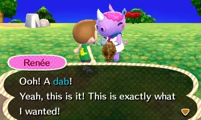 a screenshot of Animal Crossing New Leaf, with villager Renée saying "Ooh! A dab! Yeah this is it! This is exactly what I wanted!". behind the textbox, Renée is holding the dab (the fish) I just gave her