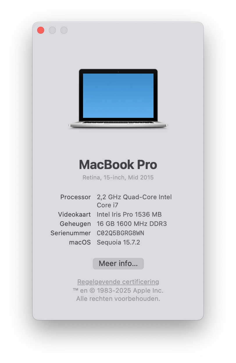 "about my mac" showing that aforementioned macbook pro 2015 successfully booted into Sequoia