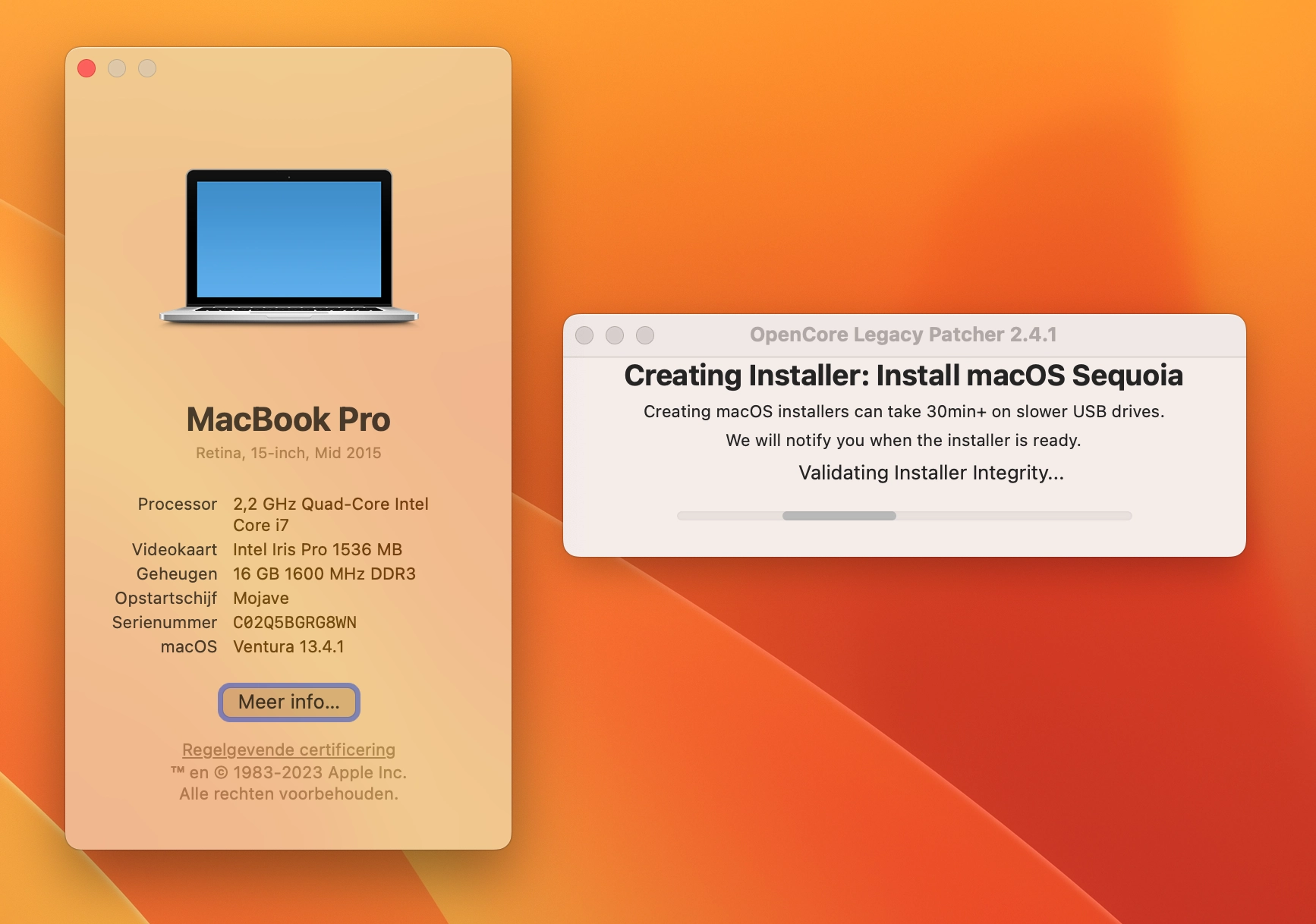 a screenshot of the macOS system information, showing that it is a Macbook Pro 2015 with Intel CPU, next to an OpenCore Legacy Patcher window