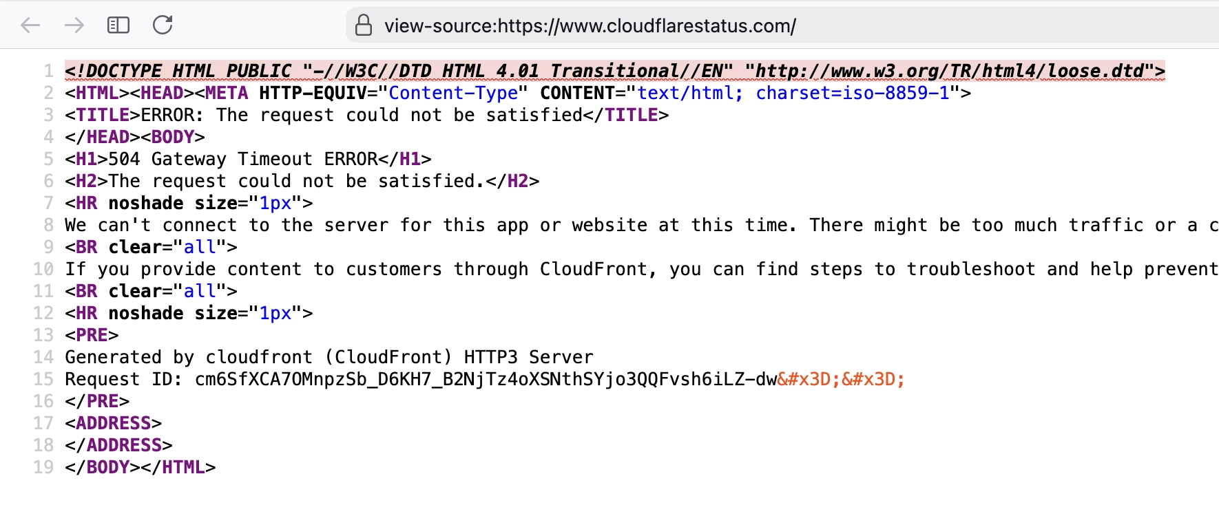 a screenshot of cloudflarestatus.com, showing old html style allcaps tags