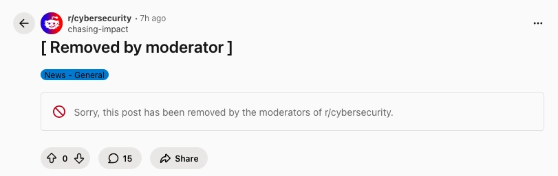 The same Reddit post, but deleted by a moderator