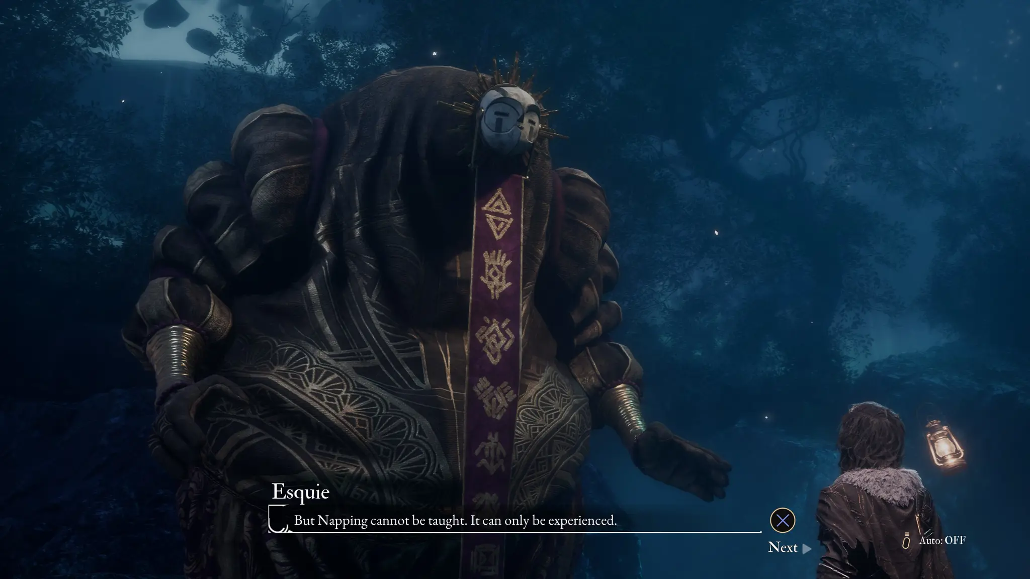 screenshot of a dialog with Esquie from Clair Obscur: Expedition 33, with Esquie saying "But Napping cannot be taught. It can only be experienced."