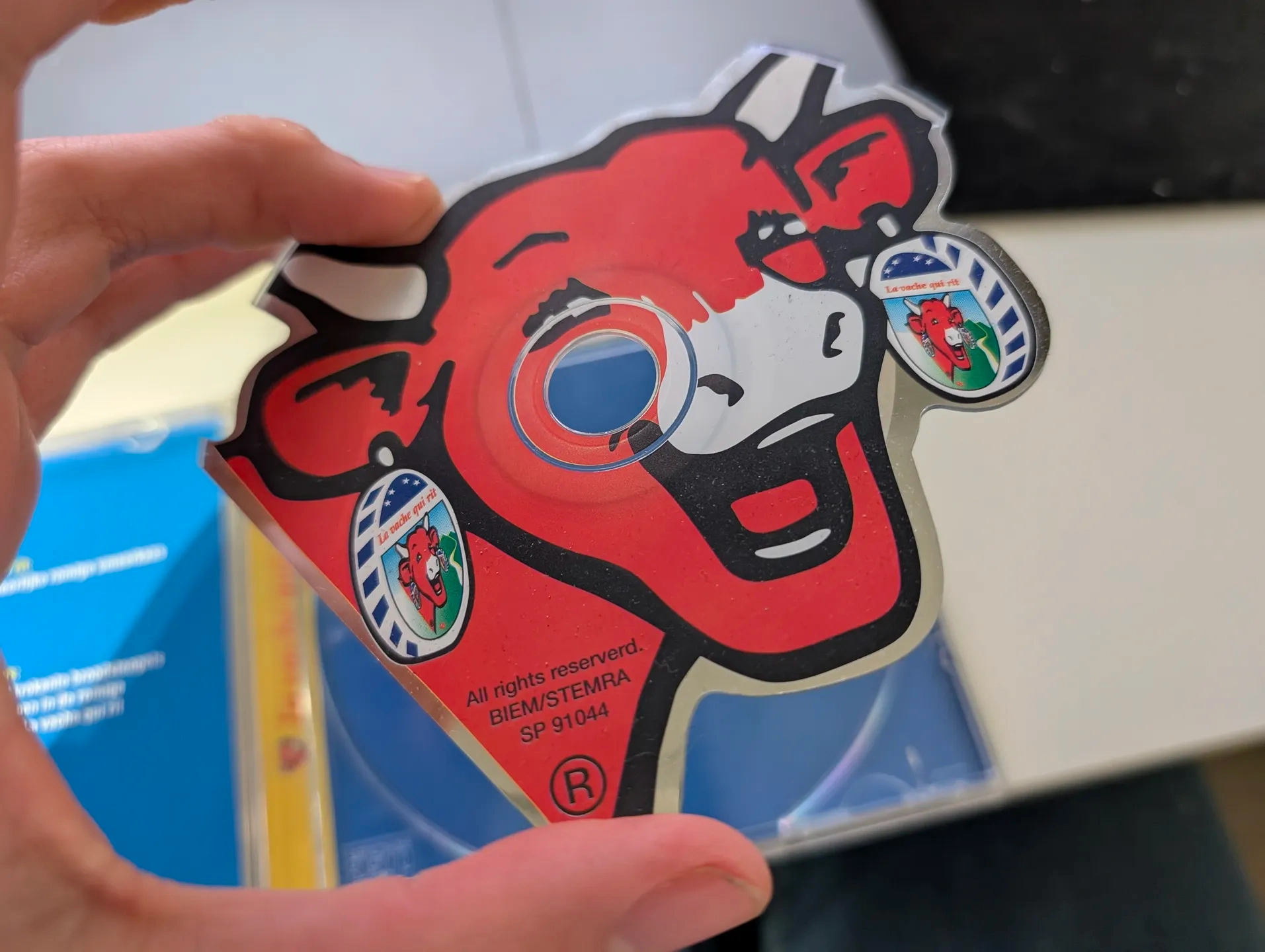 me holding a la vache qui rit-shaped cd