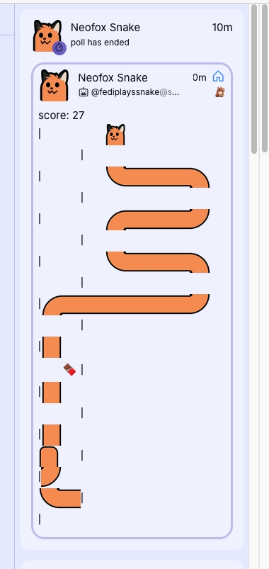 a notification with a fediplayssnake message, but it's word wrapped so there's spacing between each row of the game