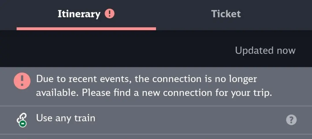 a screenshot from the deutsche bahn app, showing a warning that "Due to recent events, the connection is no longer available. Please find a new connection for your trip."