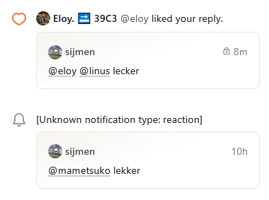 two notifications of reactions to my posts, one being "lecker" and the other being "lekker"