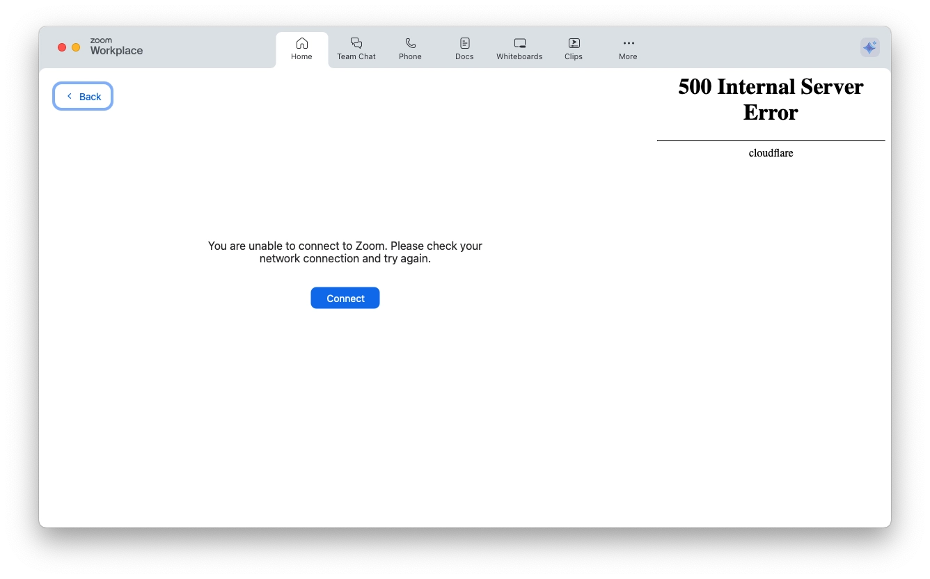 Zoom displaying a 500 Internal Server Error / cloudflare