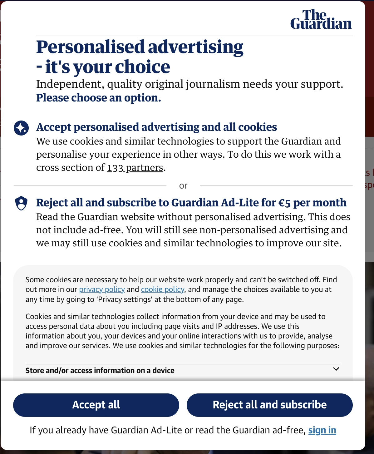 The Guardian cookie popup, offering me to either accept "personalised advertising and all cookies" or pay €5 a month