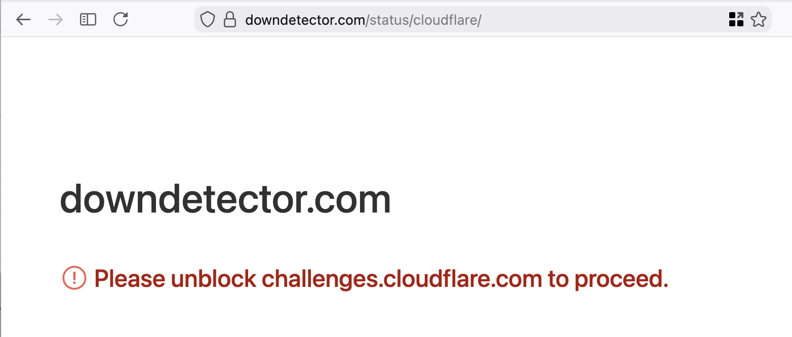 a screenshot of downdetector.com/status/cloudflare/

which is down because of cloudflare