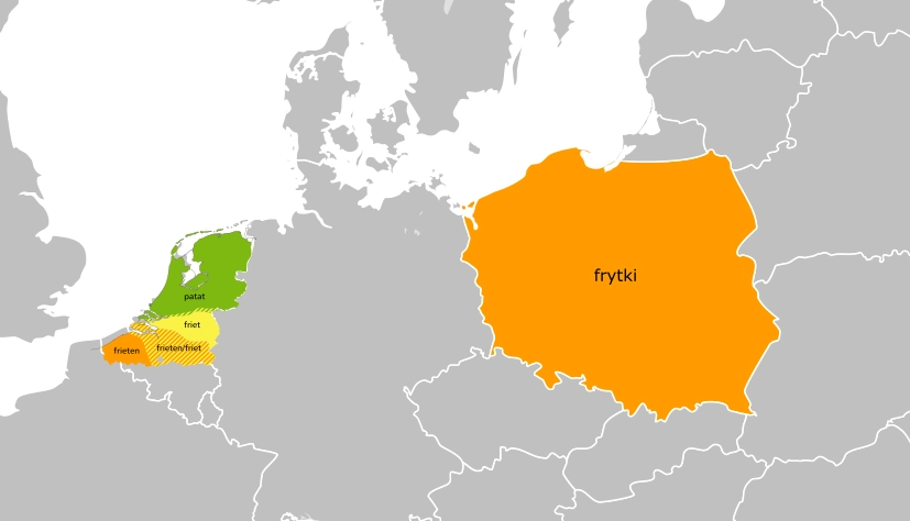 A map of part of Europe, showing the map from the patat-frietgrens Wiki article, with Poland sharing the color orange with frieten saying frytki A map of part of Europe, showing the map from the patat-frietgrens Wiki article, with Poland sharing the color orange with frieten saying frytki