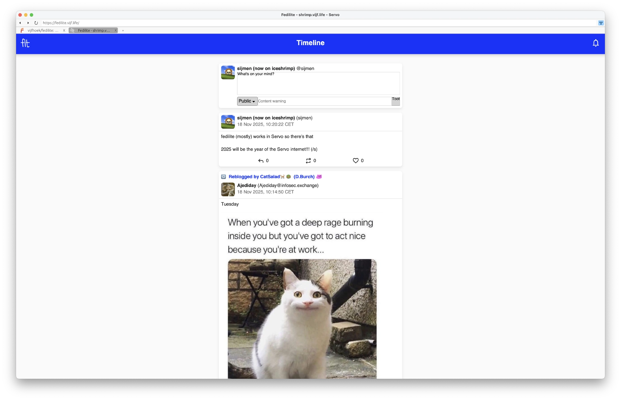 Servo browser showing Fedilite